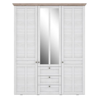 The CHOICEWARDROBE Iloppa 4 Door Mirrored Wardrobe in Snowy Oak Finish features a modern design with a central vertical mirror, three drawers below, and simple handles for stylish, ample bedroom storage.