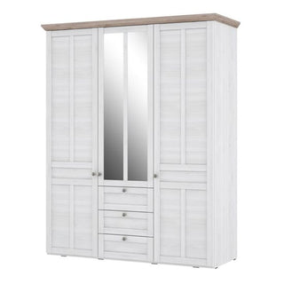 The CHOICEWARDROBE Iloppa 4 Door Mirrored Wardrobe in a Snowy Oak finish features a modern design with drawers and ample storage, central mirror, panel detailing, and metal knobs—perfect for stylish bedroom organization.