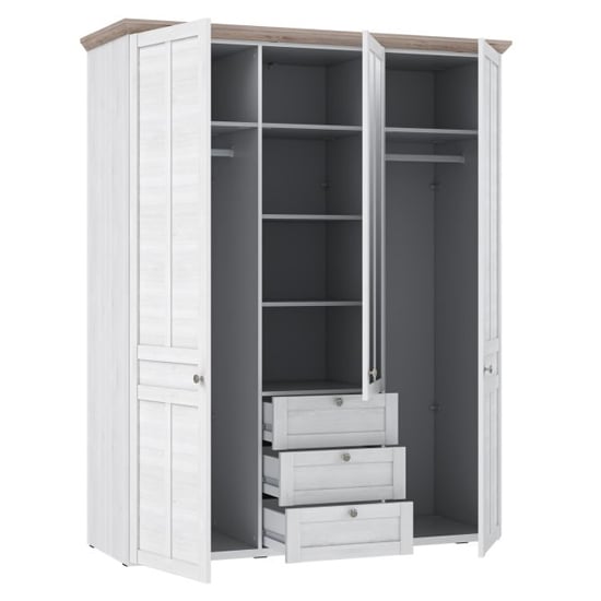 CHOICEWARDROBE Iloppa 3 Door wardrobe in Snowy Oak finish with open doors, shelves and drawers.