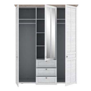 The CHOICEWARDROBE Iloppa 4 Door Mirrored Wardrobe in Snowy Oak offers a modern look and ample storage with shelves, hanging rods, and drawers behind four doors, including a mirrored front. Spacious interior compartments keep your bedroom organized.