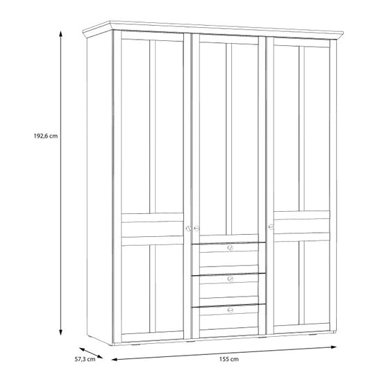 3 door wardrobe line drawing in snowy oak finish, two mirrored doors, 3 drawers, 192.6x155x57.3 cm