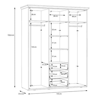 Black and white illustration of the CHOICEWARDROBE Iloppa 4 Door Mirrored Wardrobe in Snowy Oak, with labeled measurements in cm for shelves, drawers, and rods. Overall: 192.6 cm high, 155 cm wide, 57.3 cm deep—perfect for stylish bedroom storage.