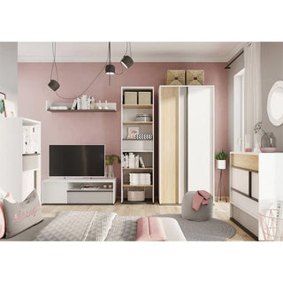 ChoiceWardrobe Indio corner wardrobe in matt white and oak tones placed within minimalist UK bedroom interiors, reflecting light and space.