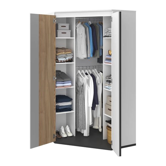 Indio corner wardrobe interior with hanging rails, shelves and oak finish side panels