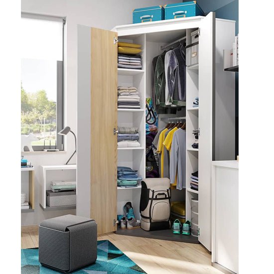 CHOICEWARDROBE Indio corner wardrobe, matt white with oak accents, 2 doors open