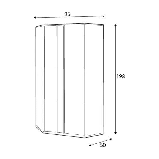 Technical drawing of CHOICEWARDROBE Indio corner wardrobe, width 95cm, depth 50cm, height 198cm, two doors, matt white and oak finish.