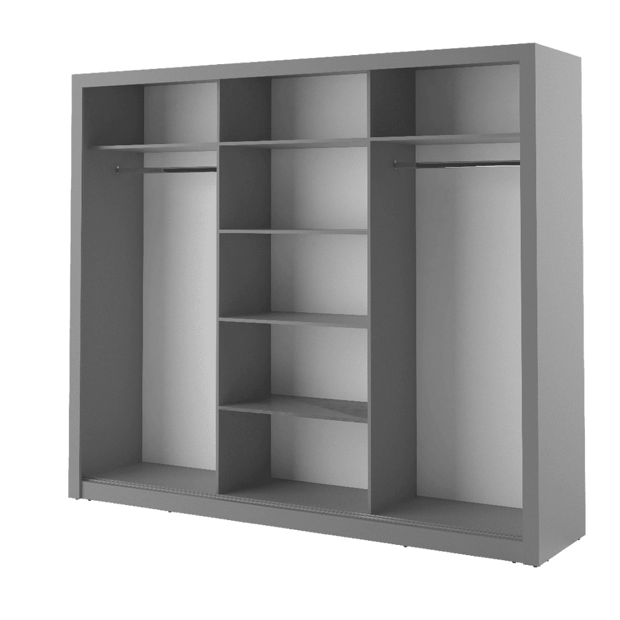 CHOICEWARDROBE 3 door matt grey sliding wardrobe interior with shelves and hanging rails.
