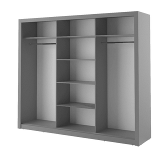 The CHOICEWARDROBE Inverto 3 Door Sliding Wardrobe (250cm wide, matt grey with central mirror) features built-in shelves and a double hanging rail for modern, practical storage.