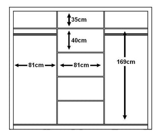 The CHOICEWARDROBE Inverto 3 Door Sliding Wardrobe (250cm wide, matt grey, central mirror) features labeled sections: 35cm top shelf, 40cm center shelves, each side and middle section at 81cm wide, and right side height of 169cm.
