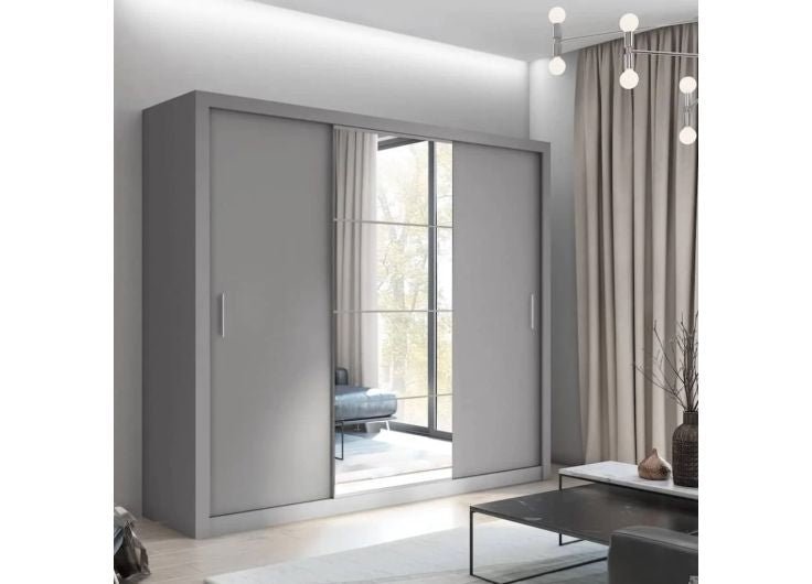 CHOICEWARDROBE Inverto 3-door sliding wardrobe in matt grey with a central mirrored door.