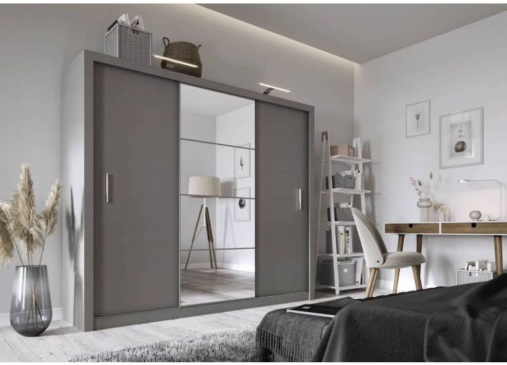 CHOICEWARDROBE Inverto 3 door matt grey sliding wardrobe with central mirror