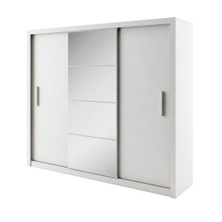The CHOICEWARDROBE Inverto 3 Door Sliding Wardrobe in matt white features a central mirror, built-in shelves, and a double hanging rail, combining modern minimalism with practical storage in a 250cm wide design.