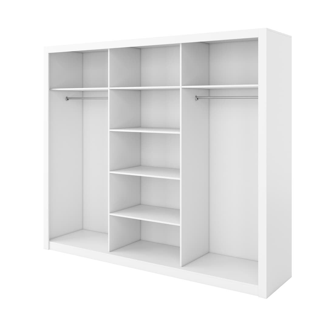 CHOICEWARDROBE Inverto 3 door sliding wardrobe in matt white with two hanging rails and shelves visible.