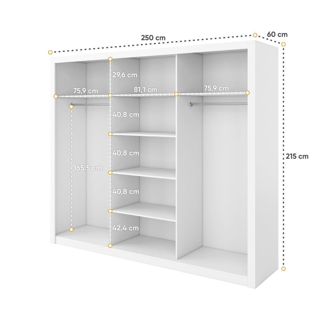 CHOICEWARDROBE Inverto 3 door sliding wardrobe, 250cm, matt white with central mirror.