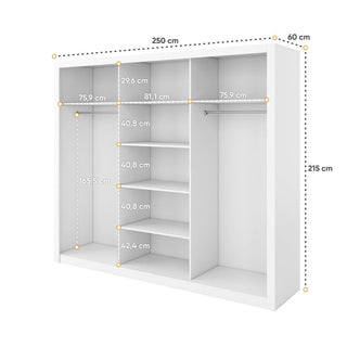 The CHOICEWARDROBE Inverto 3 Door Sliding Wardrobe features a matt white finish with a central mirror, double hanging rail, built-in shelves, and measures 250 x 215 x 60 cm—an ideal sleek storage solution for any room.