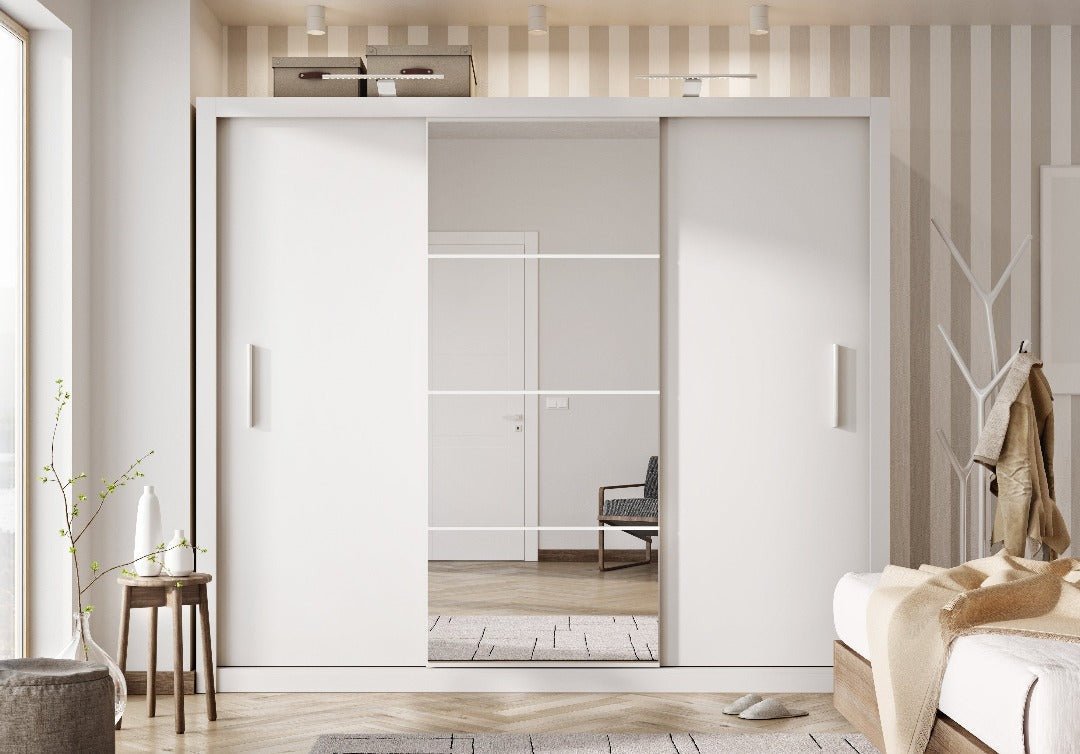 CHOICEWARDROBE Inverto 250cm sliding wardrobe in matt white with central full-length mirror.