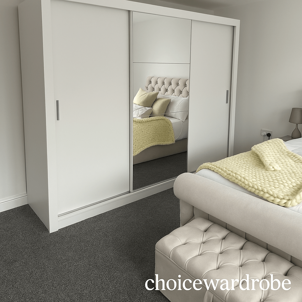 CHOICEWARDROBE Inverto 250cm matt white 3 door sliding wardrobe with central mirror