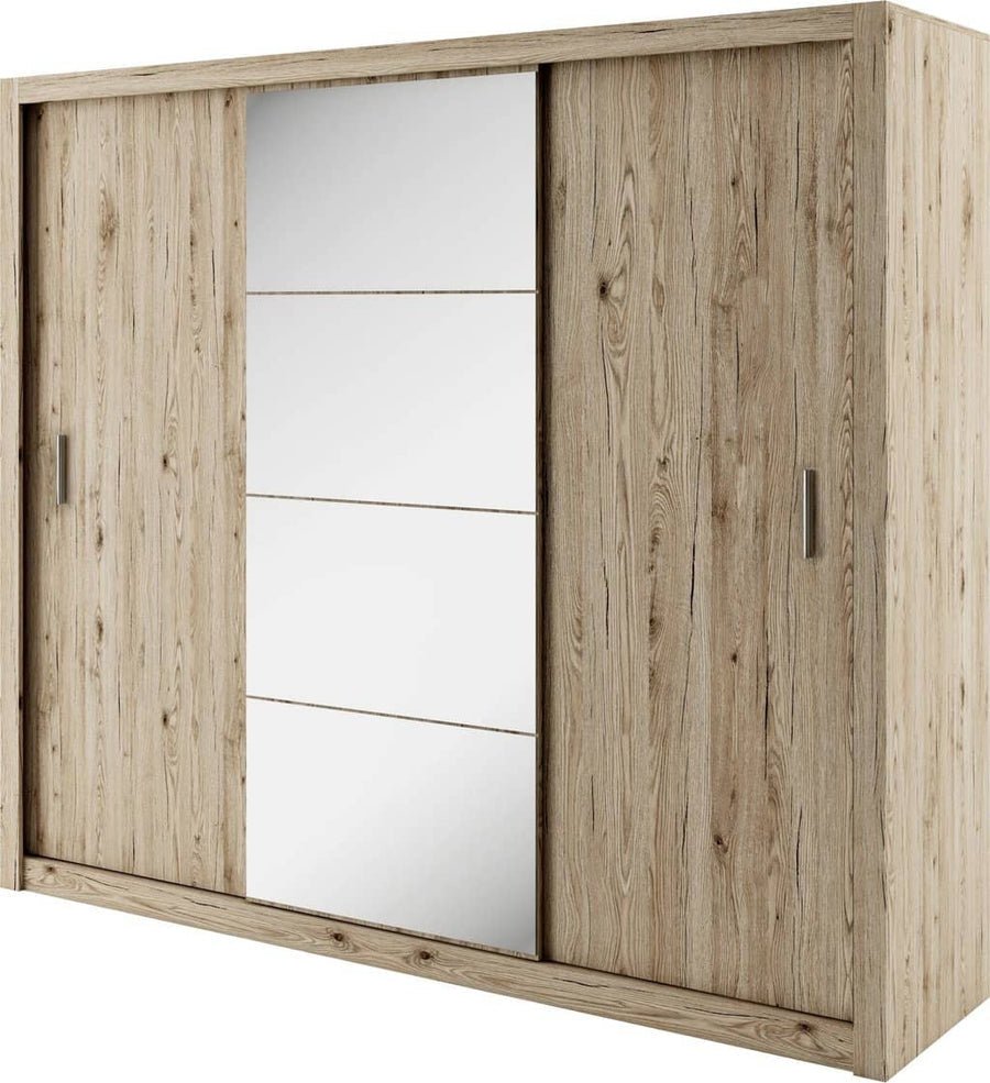 ChoiceWardrobe Inverto 250cm San Remo Oak 3-door sliding wardrobe with central mirror.