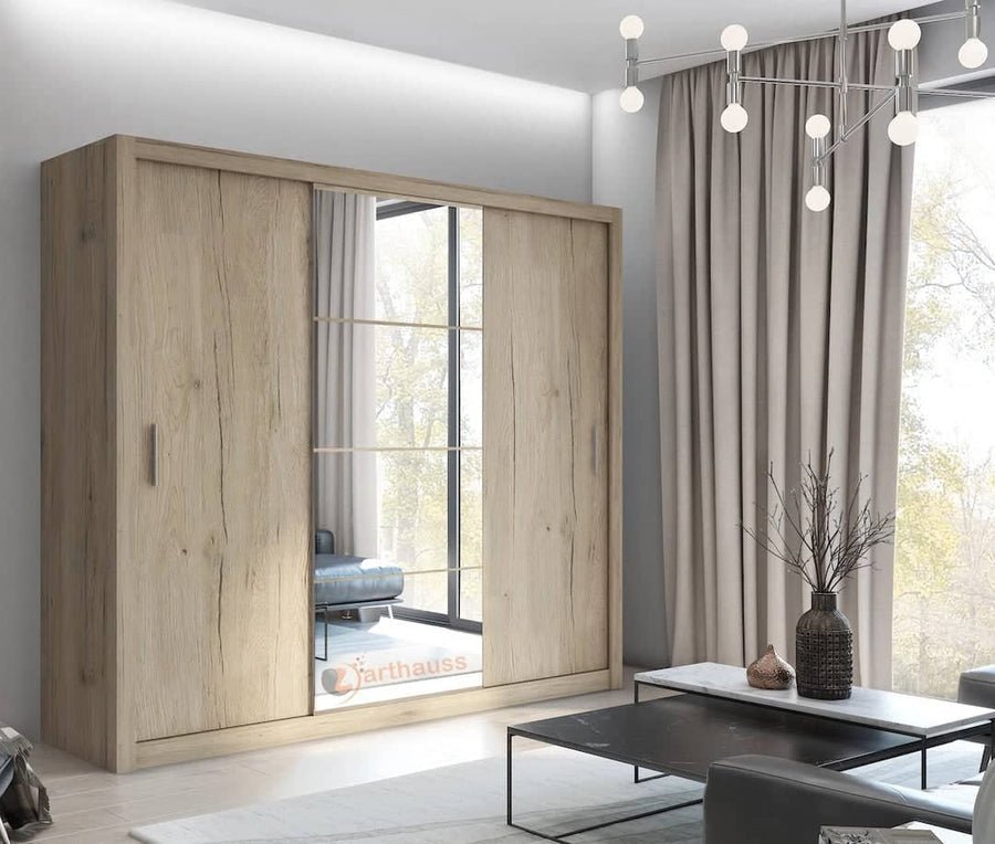 CHOICEWARDROBE Inverto 250cm 3-door San Remo oak sliding wardrobe with central mirror