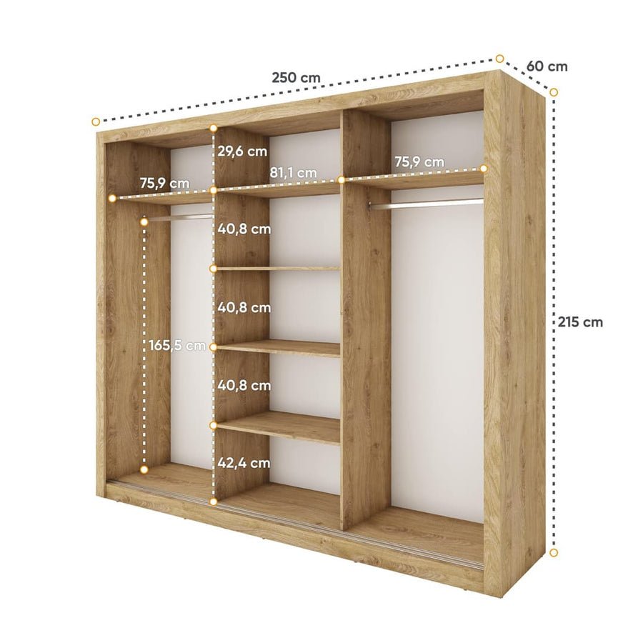 Inverto 250cm 3-door sliding wardrobe interior, San Remo Oak finish, showing shelves and rails.