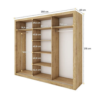 Inverto 250cm 3-door sliding wardrobe interior, San Remo Oak finish, showing shelves and rails.