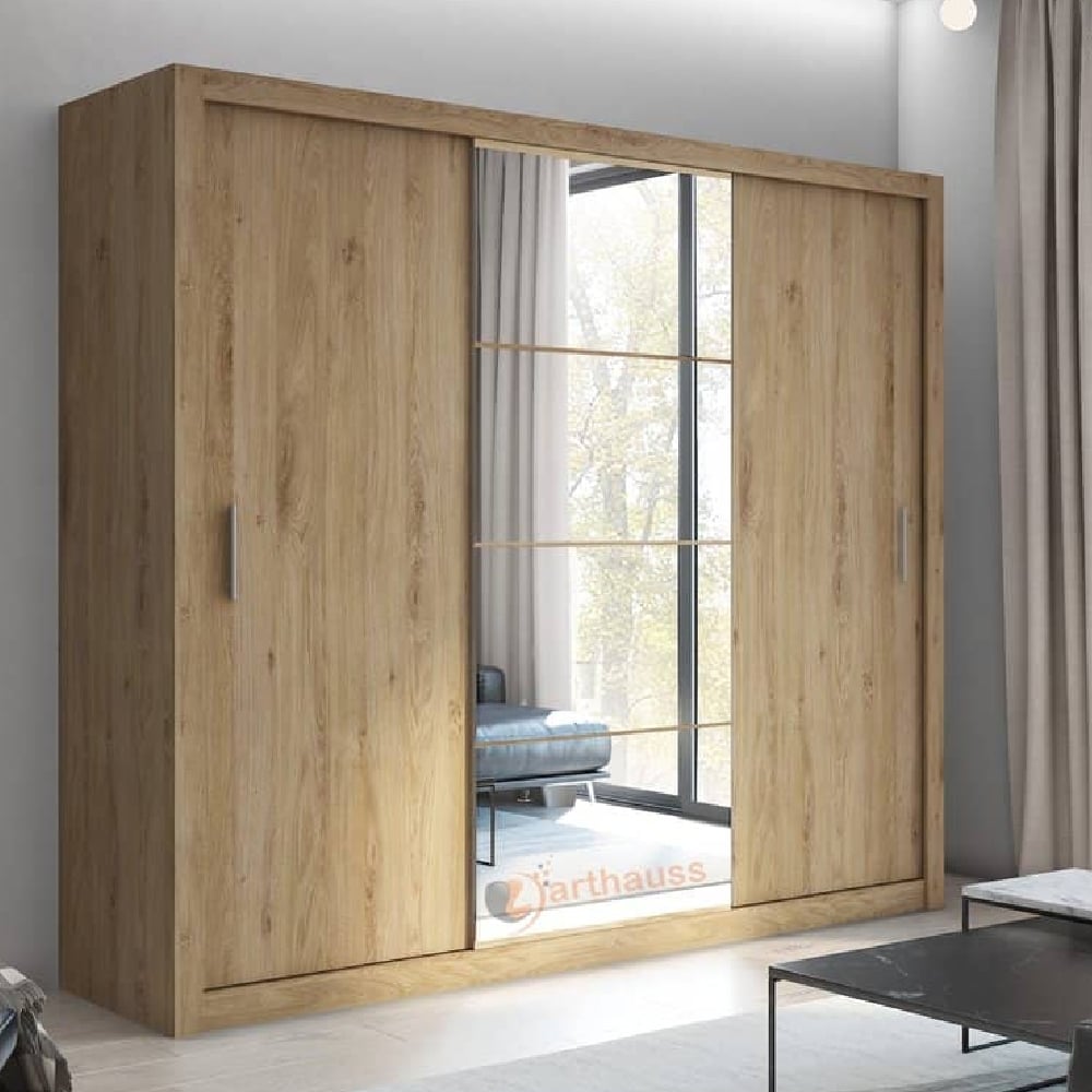 CHOICEWARDROBE Inverto 3-door sliding wardrobe in Shetland Oak with central mirror