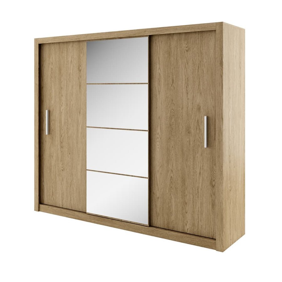 3 door sliding wardrobe in Shetland Oak with central mirror panel