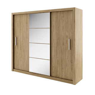 Front view of Inverto wardrobe showcasing central mirror panel and sleek oak design.