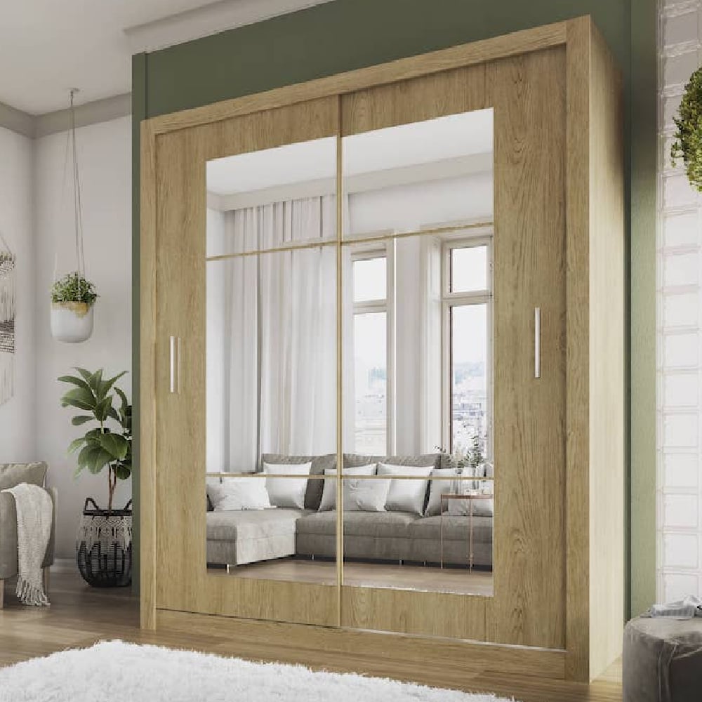 CHOICEWARDROBE Ionia 180cm Oak Sliding Door Wardrobe with mirrored panels, reflects sofa and windows.