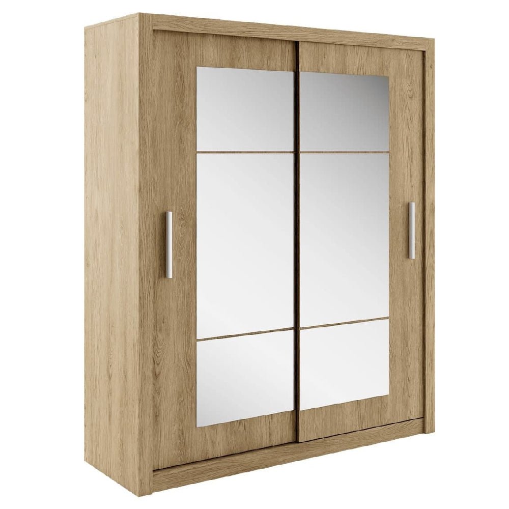 180cm oak sliding door wardrobe with two mirrored sliding doors and silver handles in a contemporary style.