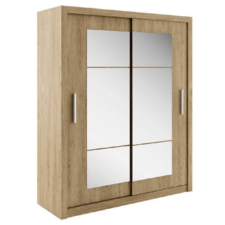 The CHOICEWARDROBE Ionia 180cm Oak Mirrored Sliding Door Wardrobe features a modern wooden design with hanging rails, shelves, and large mirrored sliding doors—ideal for contemporary bedrooms.