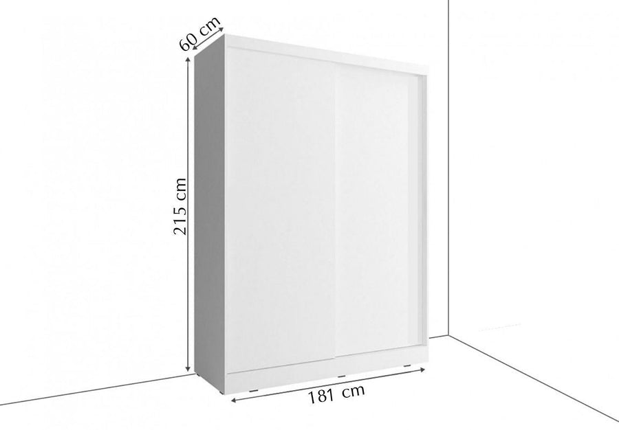 Two-door sliding wardrobe in Shetland Oak finish with mirrored front panels, 215cm H x 181cm W x 60cm D.