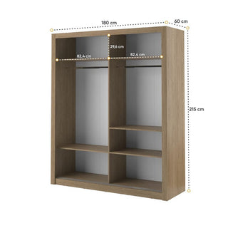 The CHOICEWARDROBE Ionia 180cm Oak Mirrored Sliding Door Wardrobe features a modern wooden design with shelves and hanging rails. Finished in oak, it measures 180x215x60 cm and includes roomy sections for easy organization.