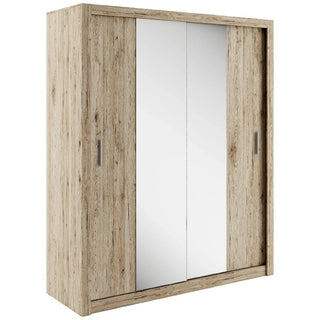 The CHOICEWARDROBE Ionia 180cm Rustic Oak Mirrored Sliding Door Wardrobe offers bedroom storage with a natural wood finish, shelves, hanging rails, and two mirrored sliding doors for a modern look.