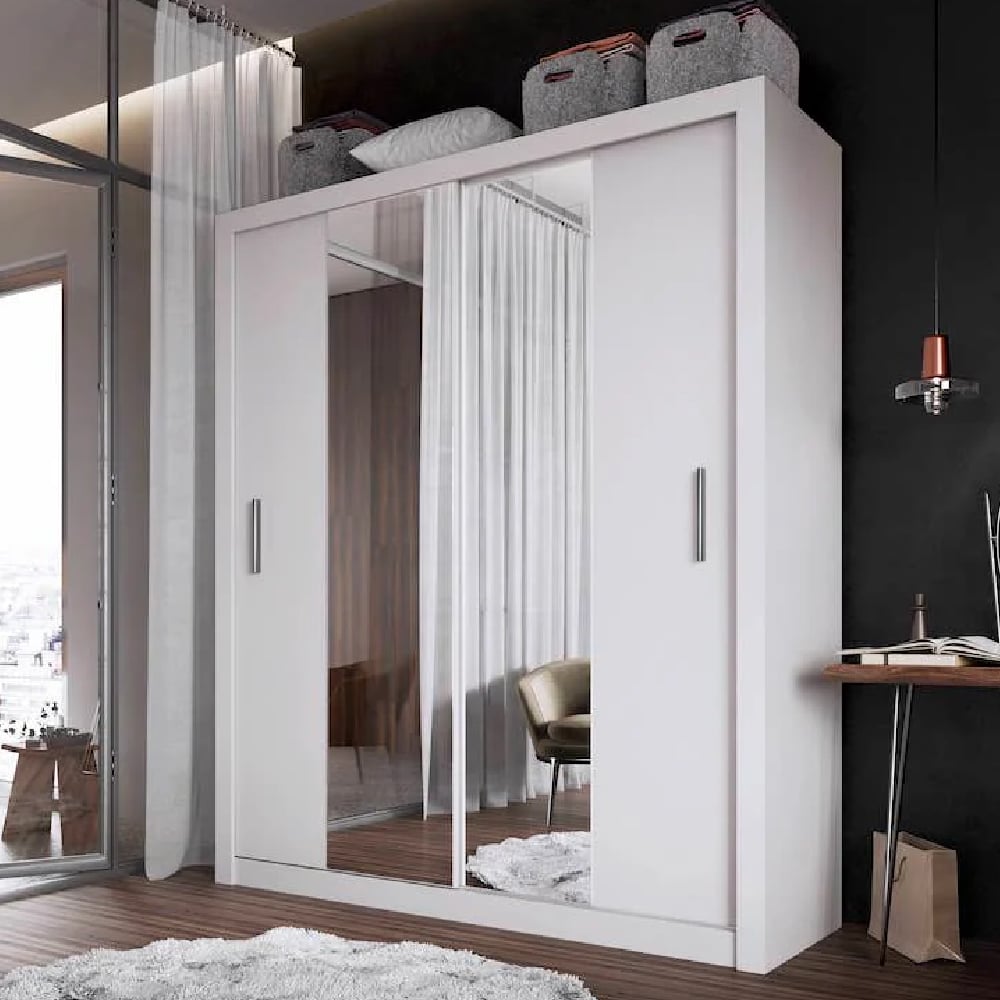 CHOICEWARDROBE Ionia 180cm white gloss sliding wardrobe with 2 mirrored doors.