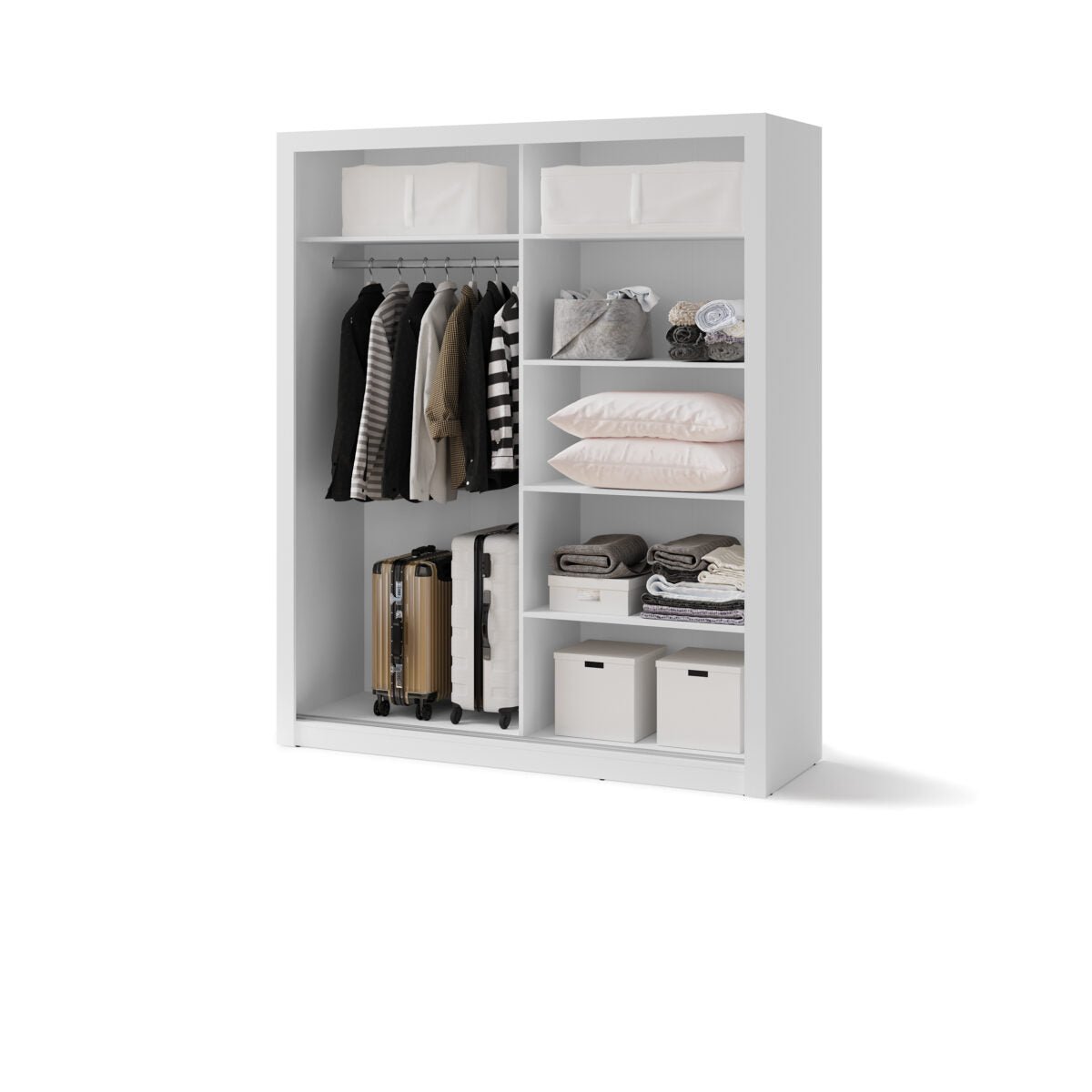 CHOICEWARDROBE Ionia 180cm white sliding wardrobe interior with hanging clothes, luggage and shelves.