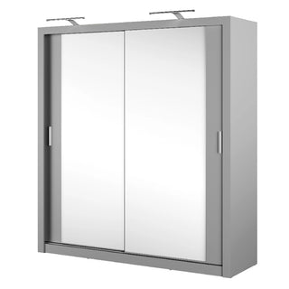 The CHOICEWARDROBE Ionia 2 Door Mirrored Sliding Wardrobe in Grey (200cm) features a modern wooden frame, LED lights, storage shelves, sleek mirrored sliding doors, and metallic handles for a functional and stylish look.