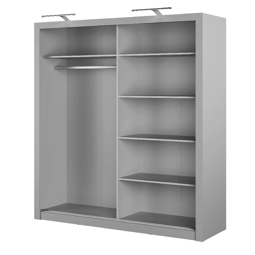 Grey 2-door sliding wardrobe with mirrored doors, showing internal hanging rail and shelves.