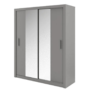 The CHOICEWARDROBE Ionia 2 Door Sliding Mirrored Wardrobe in matt grey offers a modern, space-saving design with shelves, a hanging rail, and sleek vertical mirror panels on each door—perfect for stylish and functional bedroom storage.