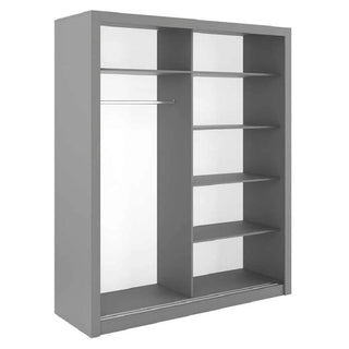The CHOICEWARDROBE Ionia 2 Door Sliding Mirrored Wardrobe in matt grey features a modern, space-saving design with shelves and a hanging rail, making it ideal bedroom furniture against a white background.
