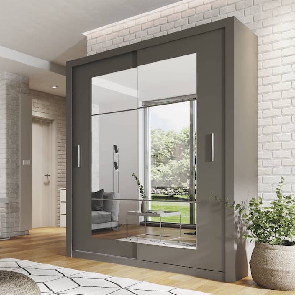 CHOICEWARDROBE Ionia 180cm 2-door sliding wardrobe with mirrored panel in matt grey.