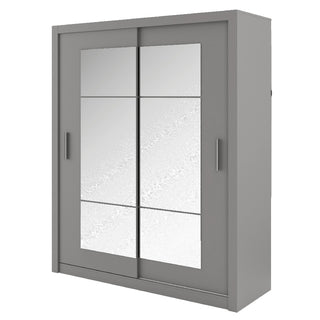 The CHOICEWARDROBE Ionia 2-door sliding wardrobe (180cm) features a grey frame with full-length mirrored panels and a modern storage design, ideal for contemporary bedrooms.
