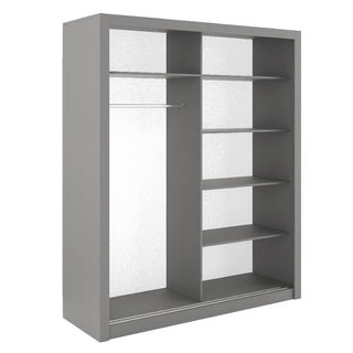 The CHOICEWARDROBE Ionia Mirrored Sliding Door Wardrobe has a 180cm grey frame, full-length mirror panels, a hanging rod on the left, five right shelves, and a white back panel for modern bedroom storage and sleek style.