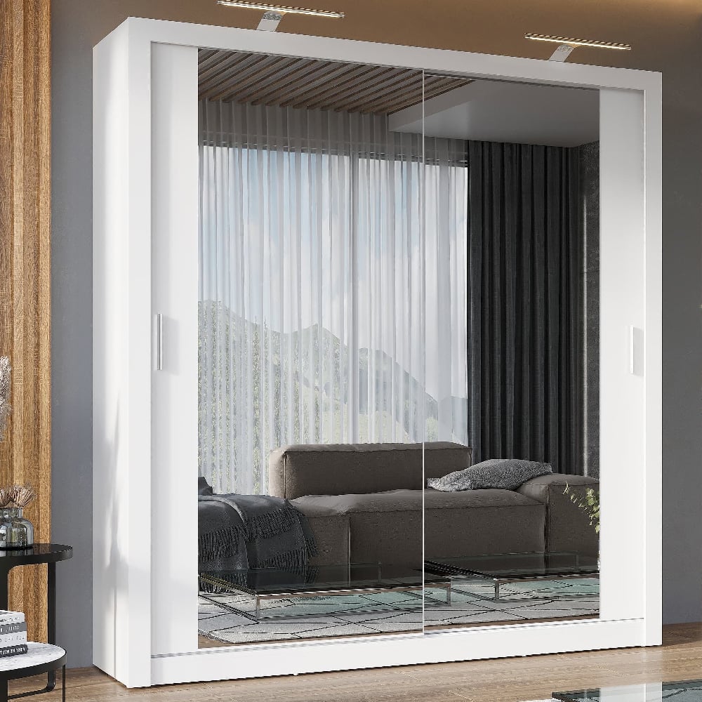 White 200cm wardrobe with two sliding mirrored doors