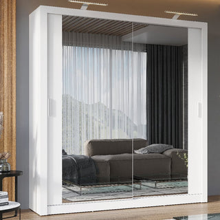 The CHOICEWARDROBE Ionia Wooden Wardrobe – 200cm features 2 sliding mirrored doors in white with LED lights and internal shelving, offering modern high-gloss style and practical bedroom storage.