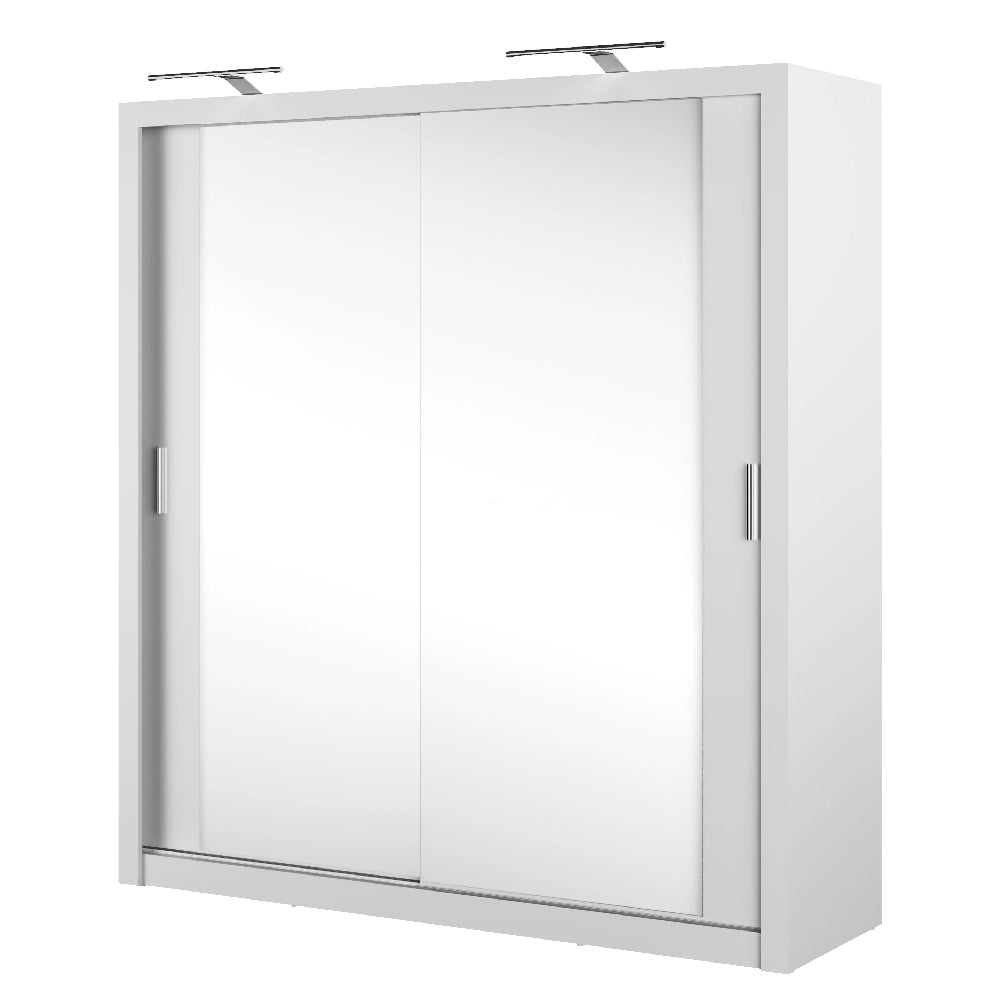 White 200cm sliding door wardrobe with two mirrored doors and LED lights