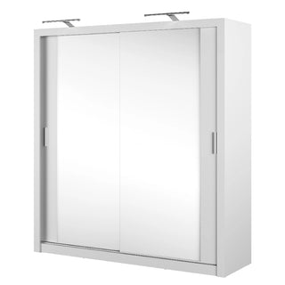The CHOICEWARDROBE Ionia Wooden Wardrobe (200cm) offers 2 sliding mirrored doors in white with LED lights and internal shelving, providing modern high-gloss bedroom storage with a stylish, minimalistic design.