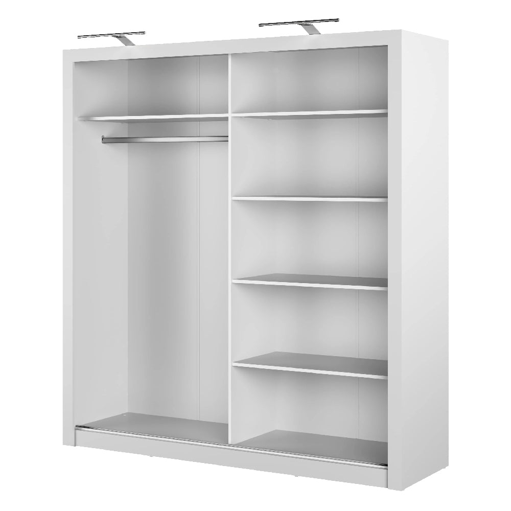 White 200cm sliding wardrobe with internal shelving and hanging rail
