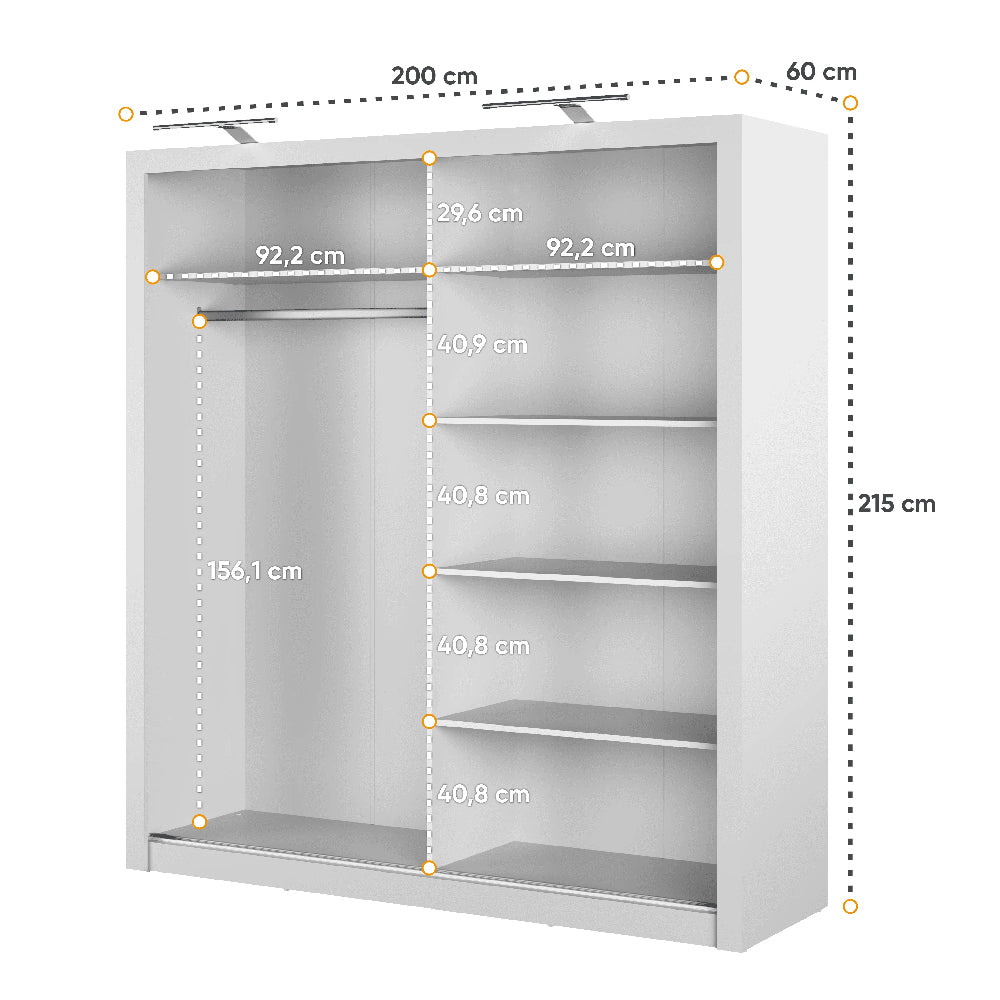 200cm white sliding wardrobe with mirrored doors and visible internal shelves and hanging rail.