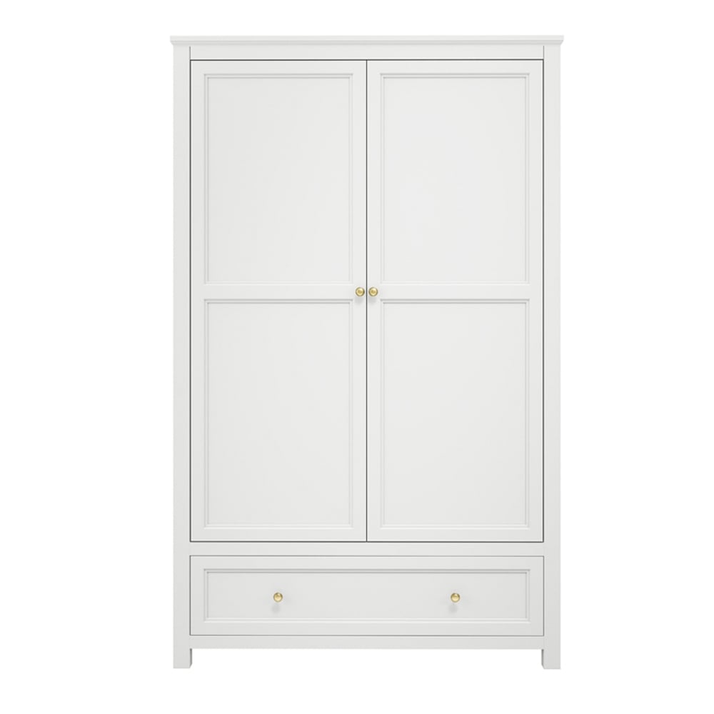CHOICEWARDROBE Iowa 2-door white wardrobe with gold handles and bottom drawer.
